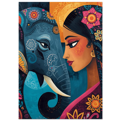 Närbild på ornamenterad blå elefant och kvinna i indisk konststil