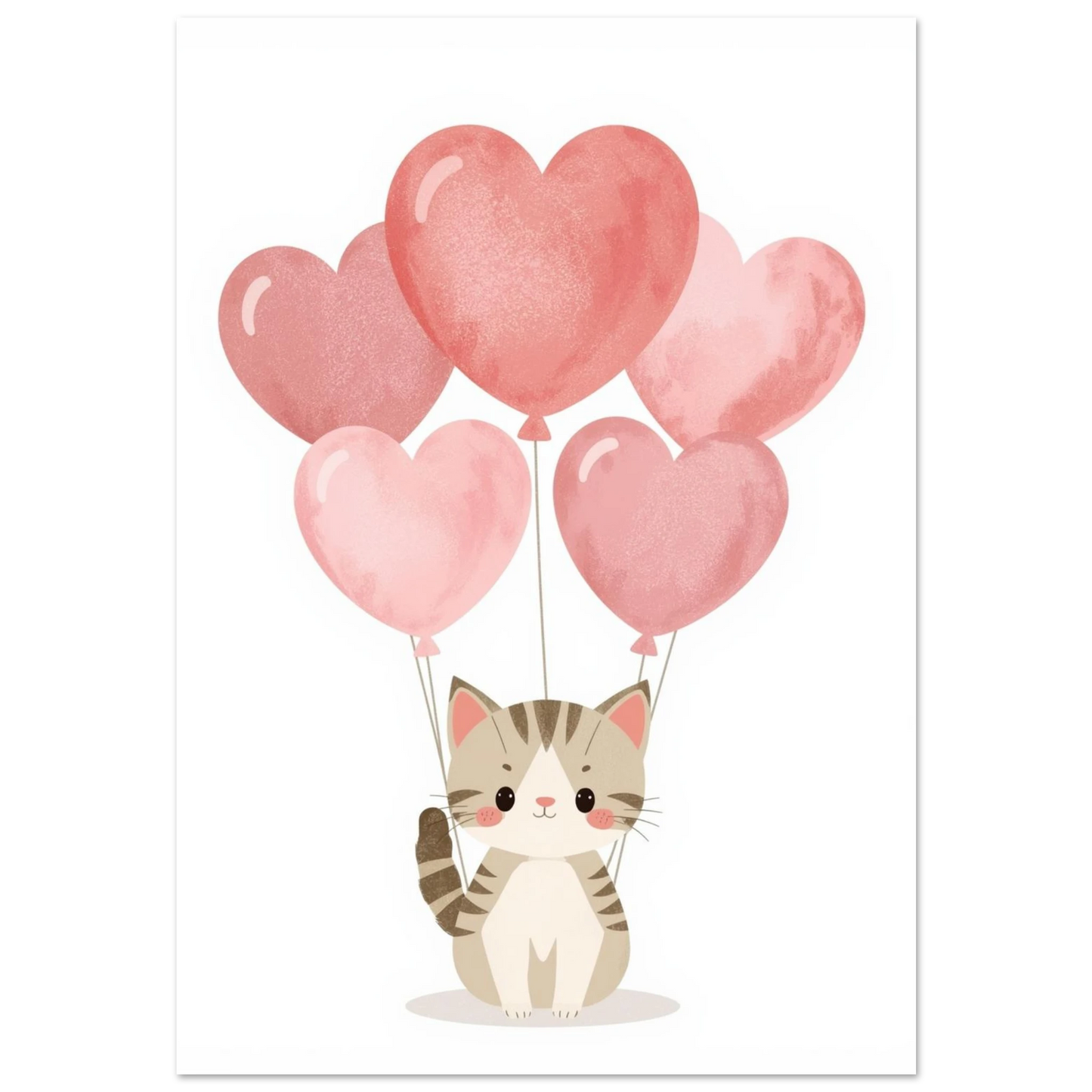 Söt randig kattunge med rosa hjärtballonger – kawaii inspirerad djurposter