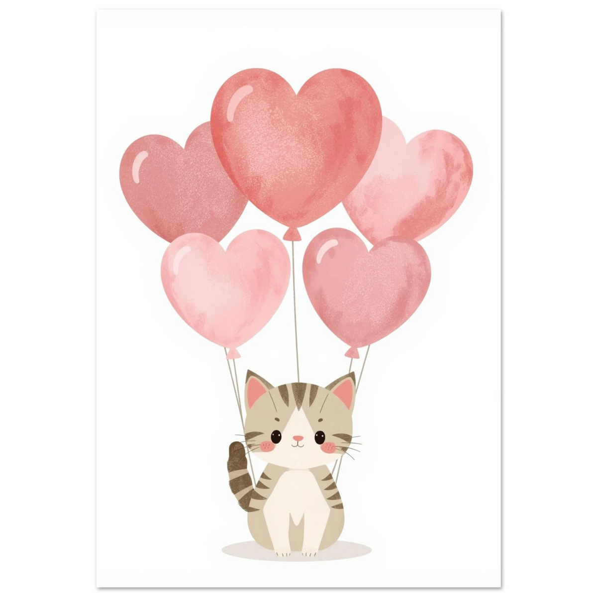 Söt randig kattunge med rosa hjärtballonger – kawaii inspirerad djurposter