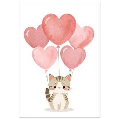Söt randig kattunge med rosa hjärtballonger – kawaii inspirerad djurposter