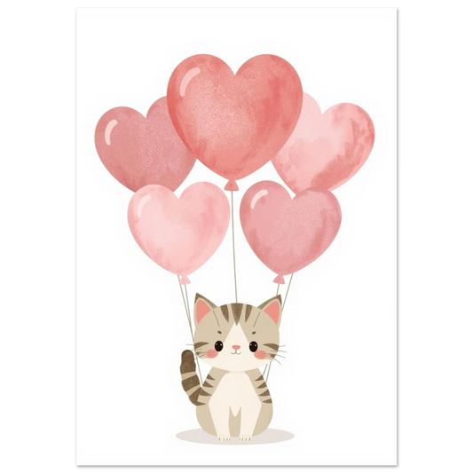 Söt randig kattunge med rosa hjärtballonger – kawaii inspirerad djurposter