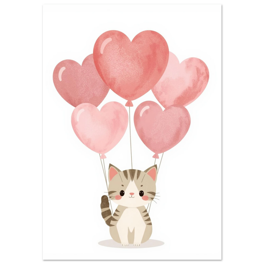 Söt randig kattunge med rosa hjärtballonger – kawaii inspirerad djurposter