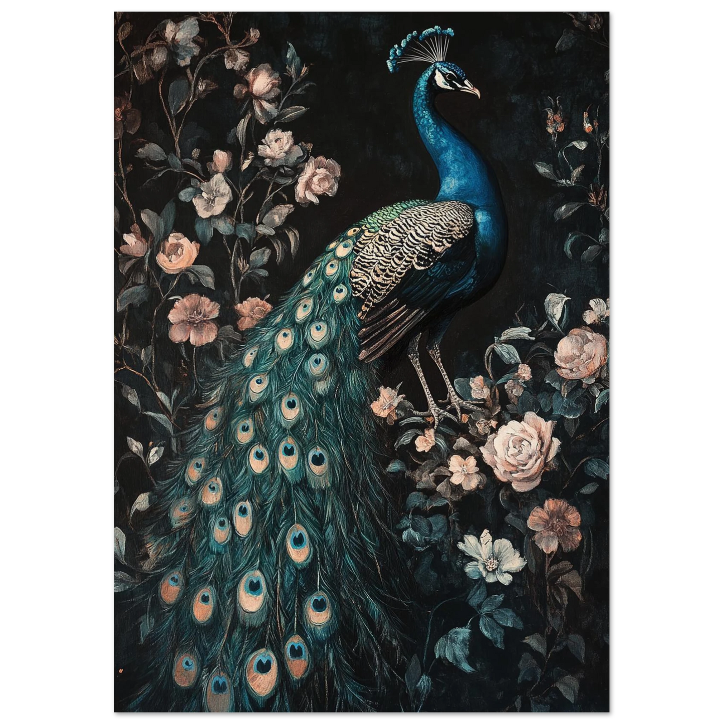Nattligt motiv av en påfågel omgiven av vintage-blommor – botanisk tavla
