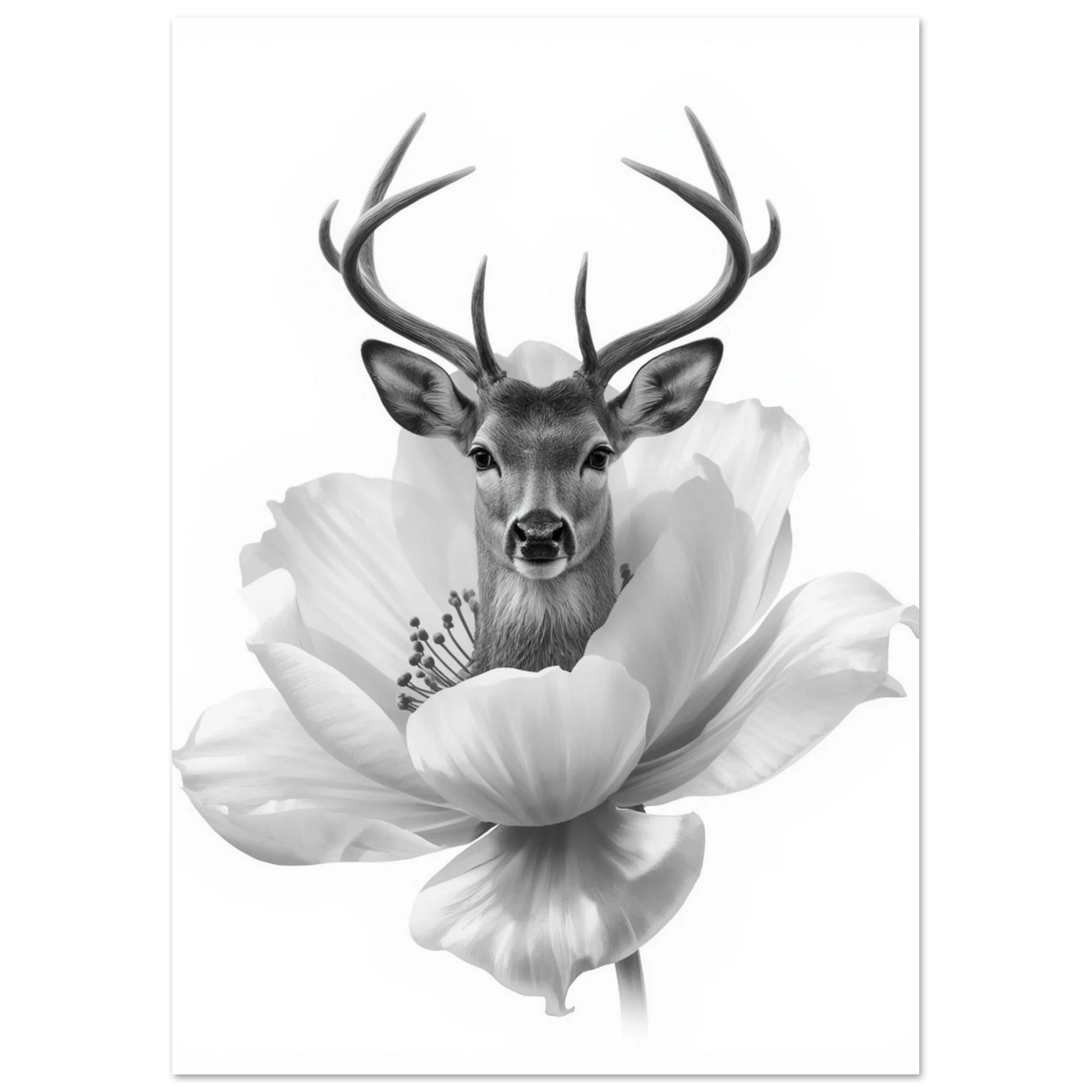 Surrealistisk fotokonst av en hjort i en blomkrona, stilren svartvit poster