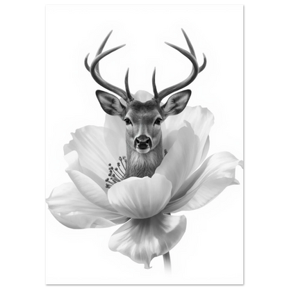 Surrealistisk fotokonst av en hjort i en blomkrona, stilren svartvit poster