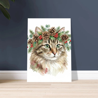 Katt i julig tröja, akvarellmålning med festlig stämning.