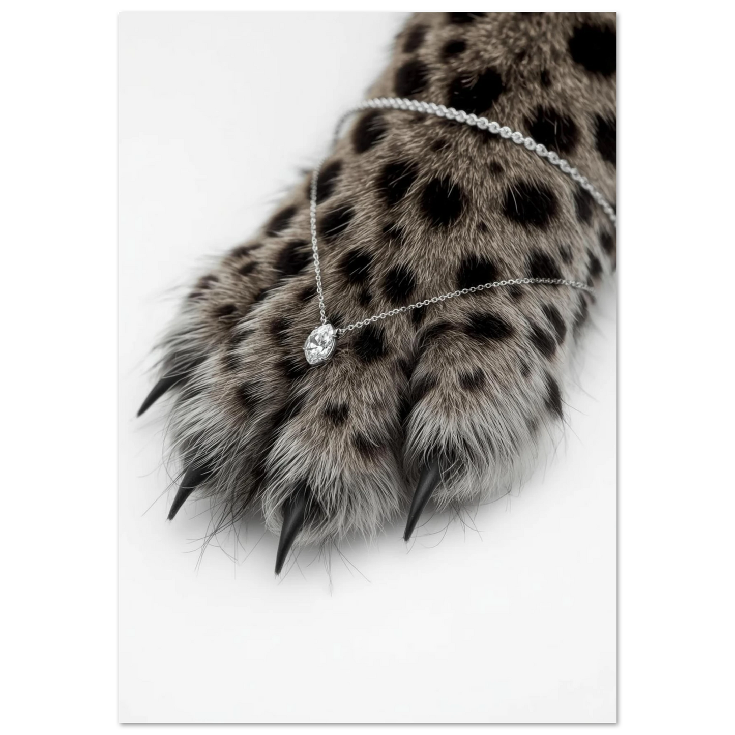 Närbild på leopardtass med diamanthalsband mot svart bakgrund – lyxig djurposter