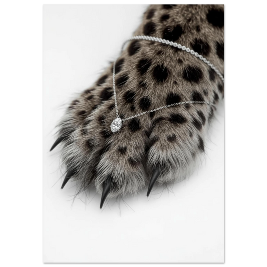 Närbild på leopardtass med diamanthalsband mot svart bakgrund – lyxig djurposter