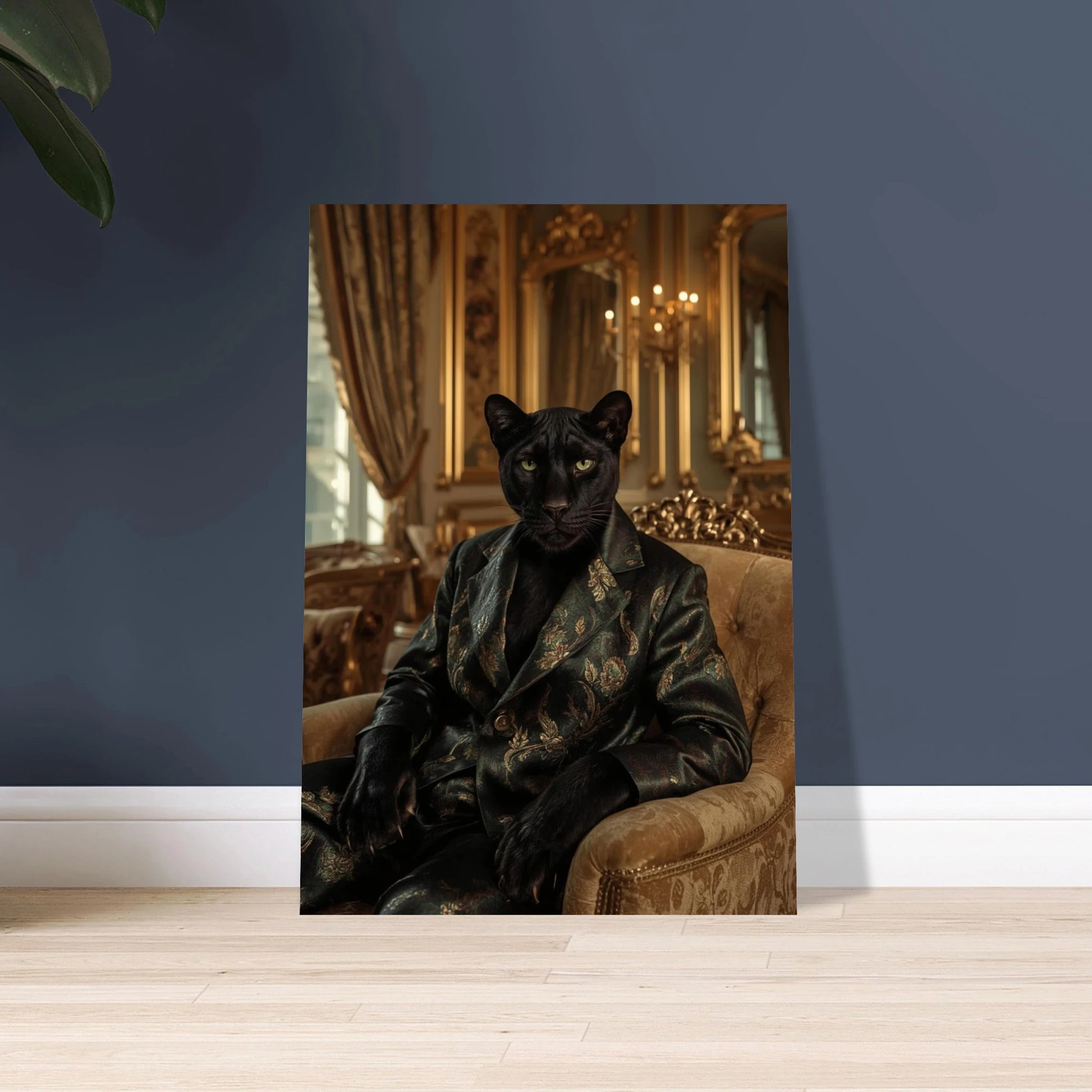 Panter i elegant kavaj i lyxig, gyllene interiör