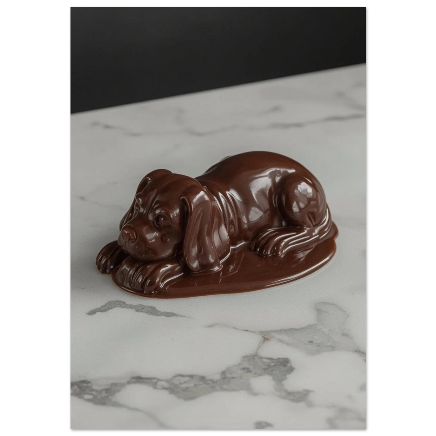 Brun hundfigur av smält choklad på vit marmorskiva – surrealistisk djurposter