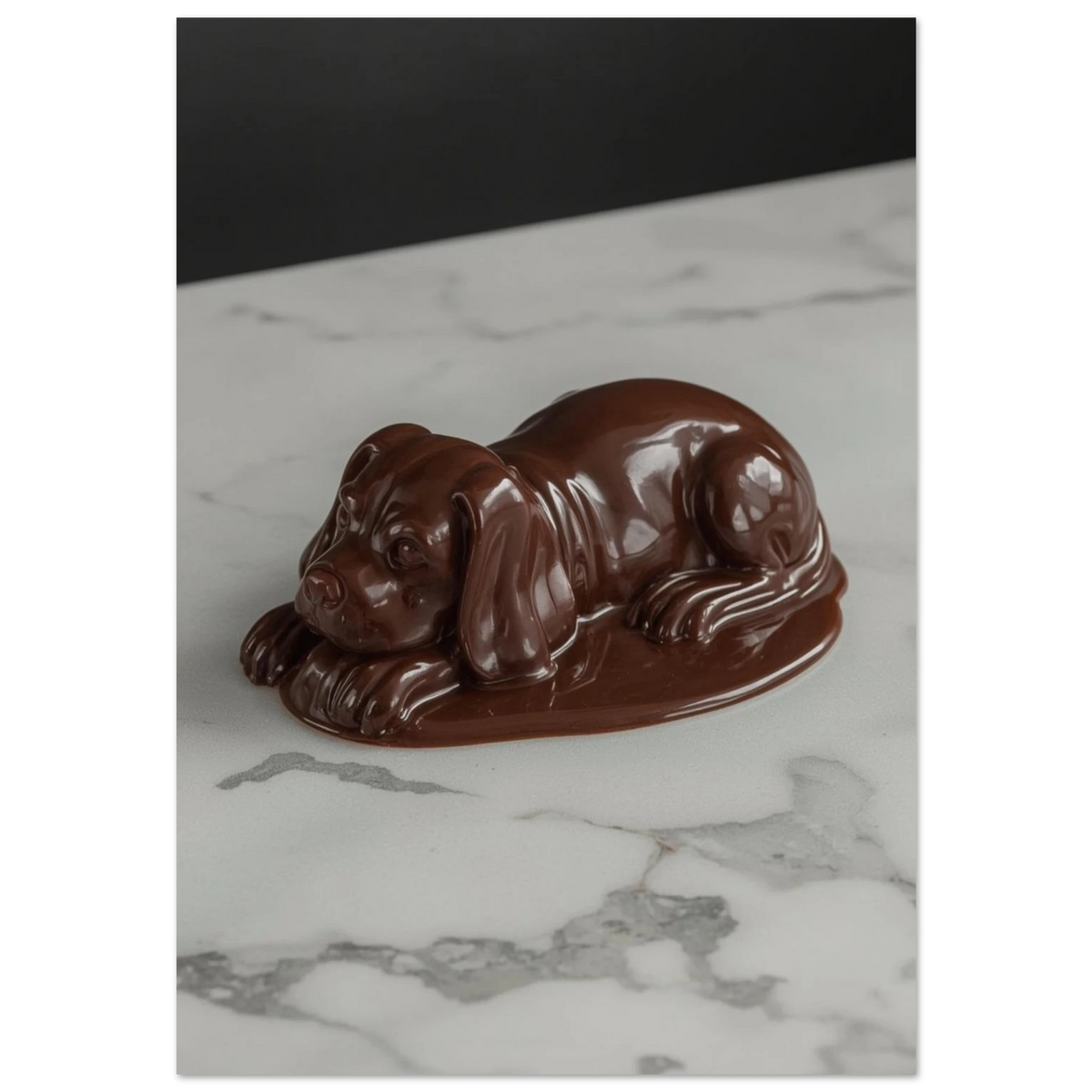 Brun hundfigur av smält choklad på vit marmorskiva – surrealistisk djurposter