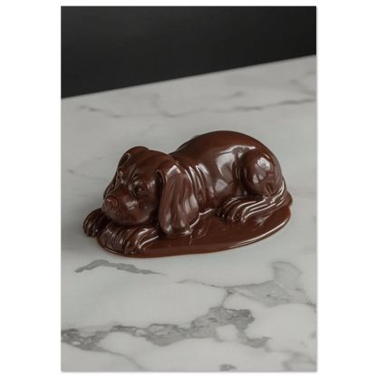Brun hundfigur av smält choklad på vit marmorskiva – surrealistisk djurposter