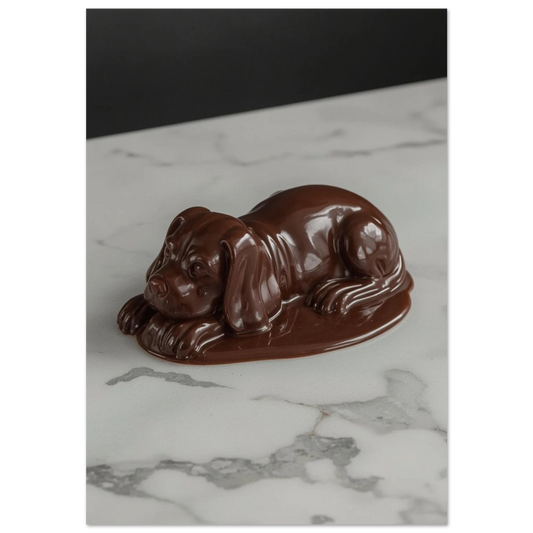 Brun hundfigur av smält choklad på vit marmorskiva – surrealistisk djurposter
