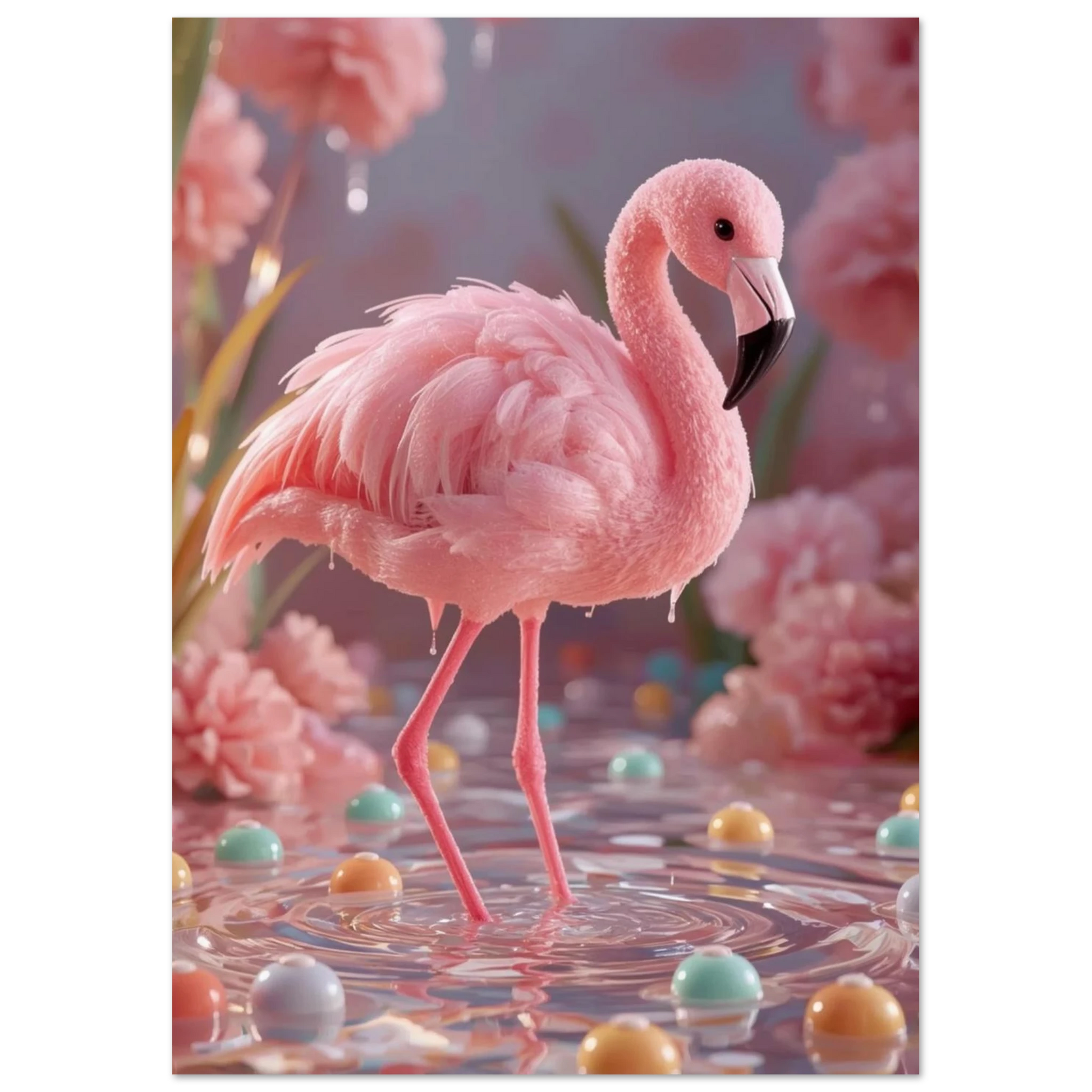 Söt flamingo gjord av rosa socker i en drömlik vattenmiljö