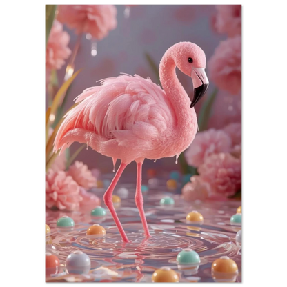 Söt flamingo gjord av rosa socker i en drömlik vattenmiljö