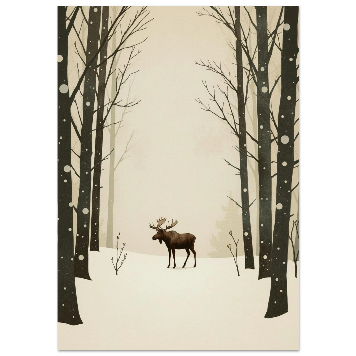 Grafisk illustration av en älg i snöig skog med mörka trädstammar