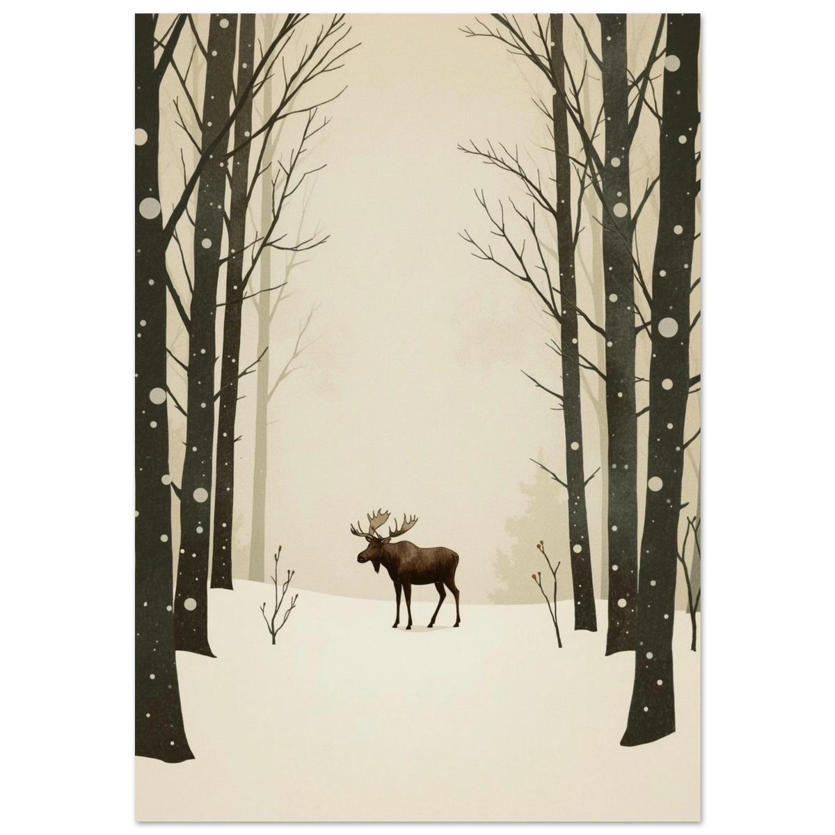 Grafisk illustration av en älg i snöig skog med mörka trädstammar
