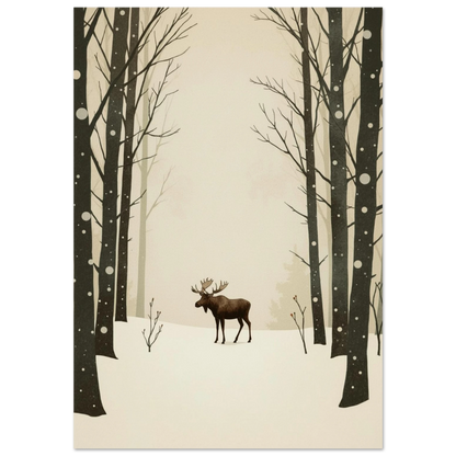 Grafisk illustration av en älg i snöig skog med mörka trädstammar
