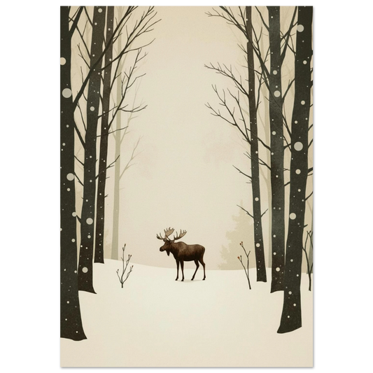 Grafisk illustration av en älg i snöig skog med mörka trädstammar