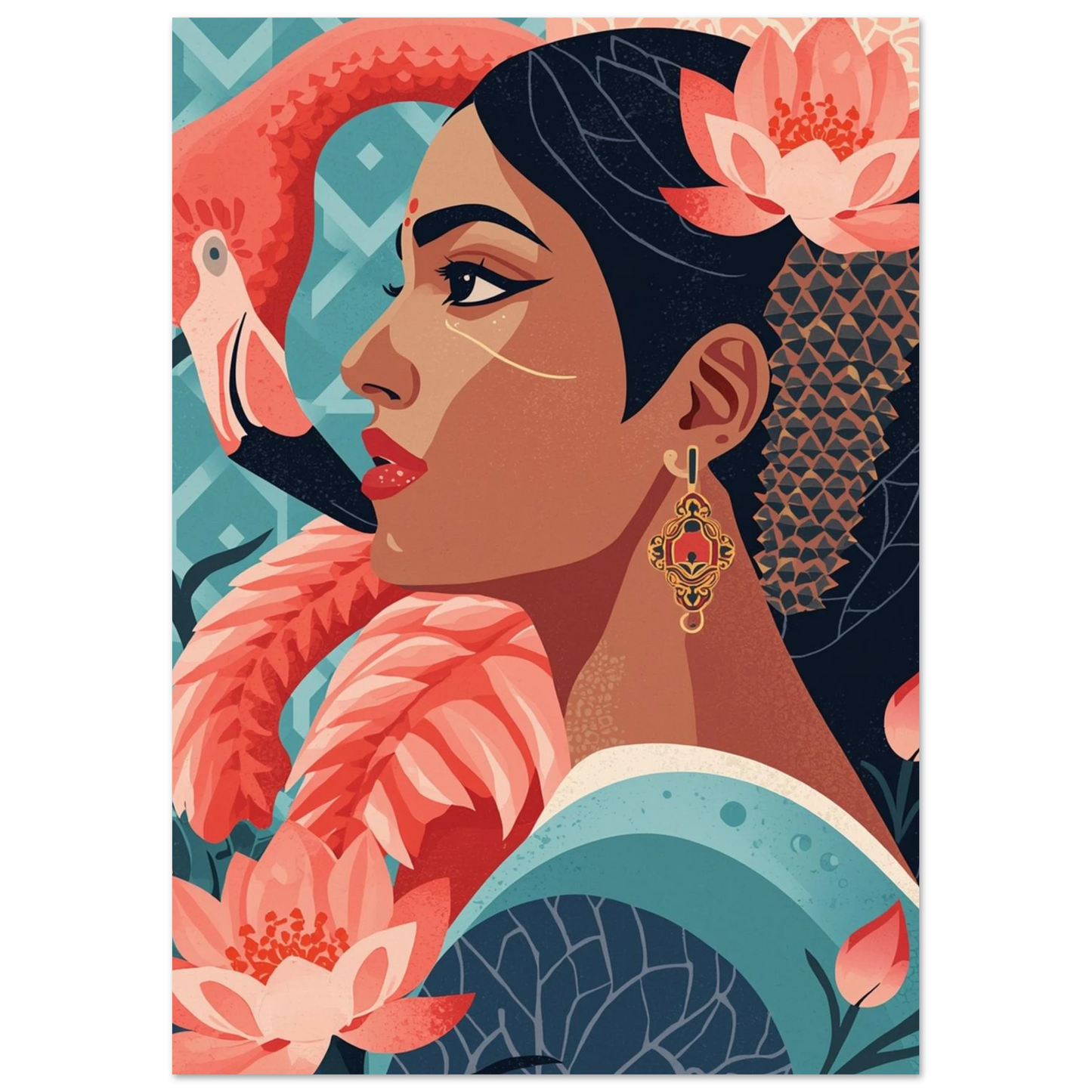 Mörkblå illustration av flamingo och kvinna i stiliserad design