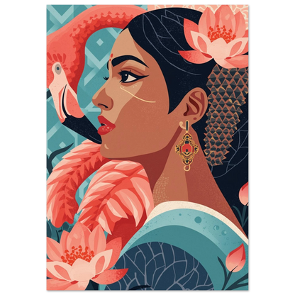 Mörkblå illustration av flamingo och kvinna i stiliserad design