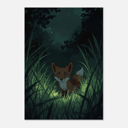 Inramad poster med rävmotiv i dova gröna toner, väggkonst för barn