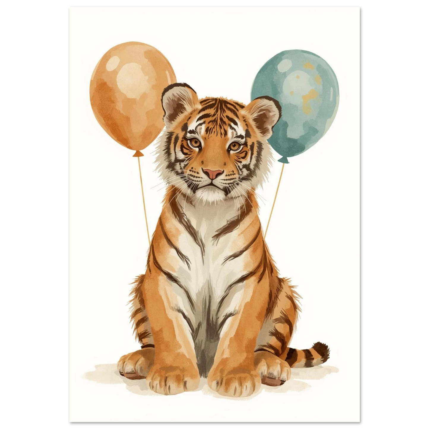 Söt tigerunge med orange och blå ballonger – gouache-målning barnposter