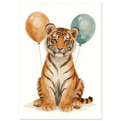 Söt tigerunge med orange och blå ballonger – gouache-målning barnposter