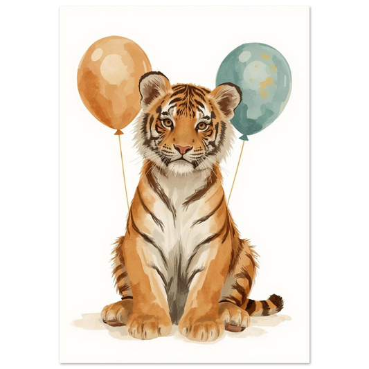 Söt tigerunge med orange och blå ballonger – gouache-målning barnposter