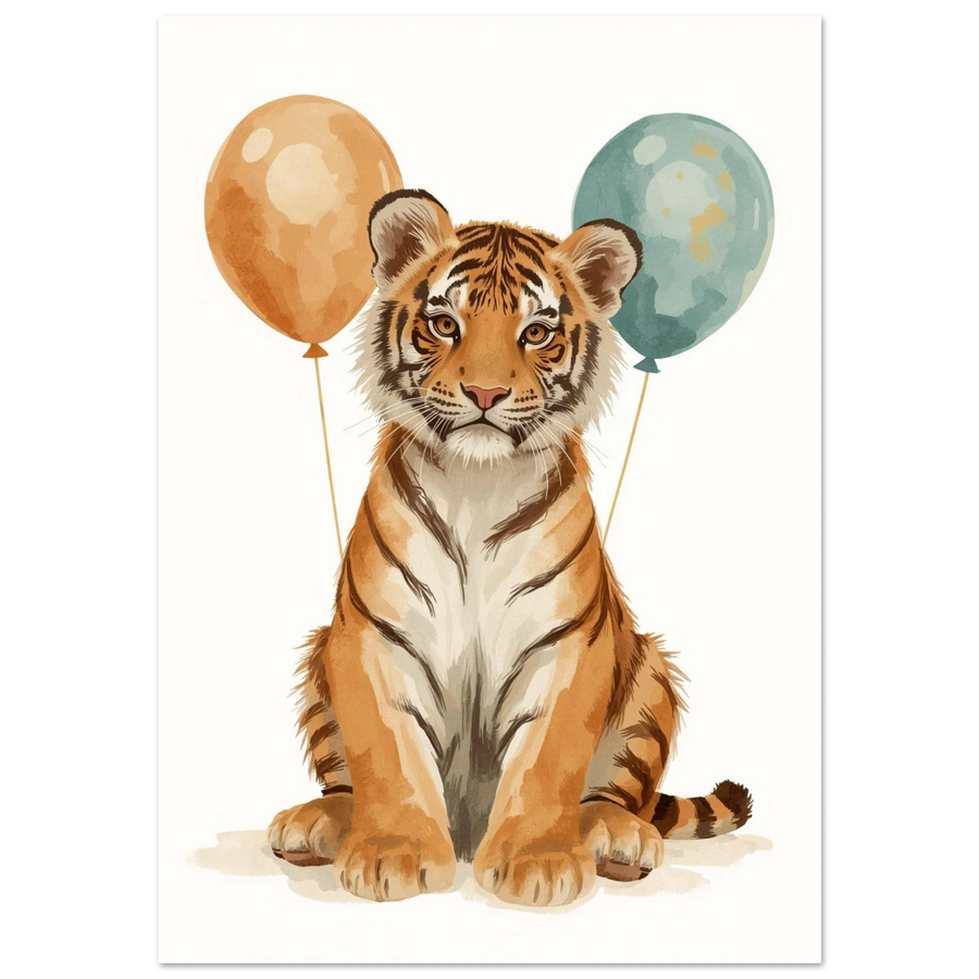 Söt tigerunge med orange och blå ballonger – gouache-målning barnposter