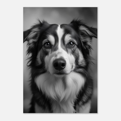 Fotorealistiskt print av en Border Collie på vit bakgrund med hög kontrast