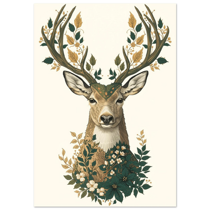Botanisk illustration av en hjort med blommor i hornen, beige bakgrund