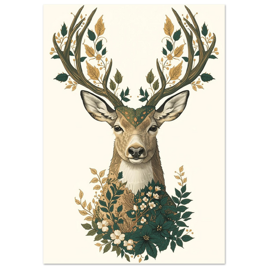 Botanisk illustration av en hjort med blommor i hornen, beige bakgrund