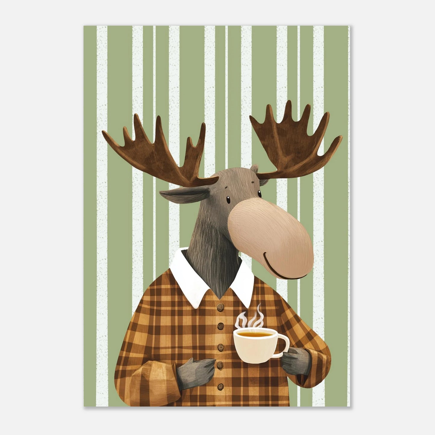 Tecknad älg med kaffekopp mot ljus bakgrund utan ram – Tecknad poster
