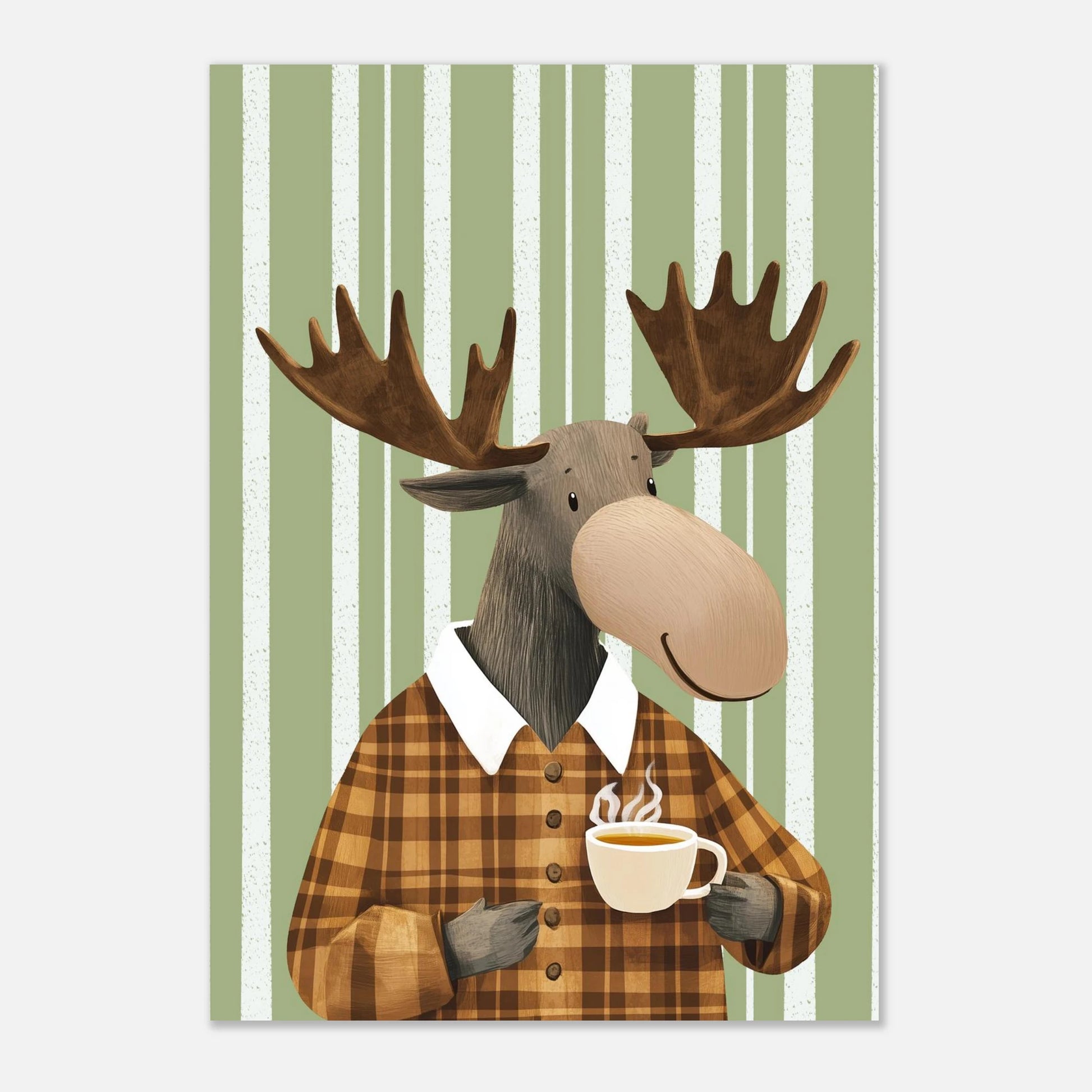 Tecknad älg med kaffekopp mot ljus bakgrund utan ram – Tecknad poster