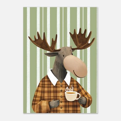 Tecknad älg med kaffekopp mot ljus bakgrund utan ram – Tecknad poster