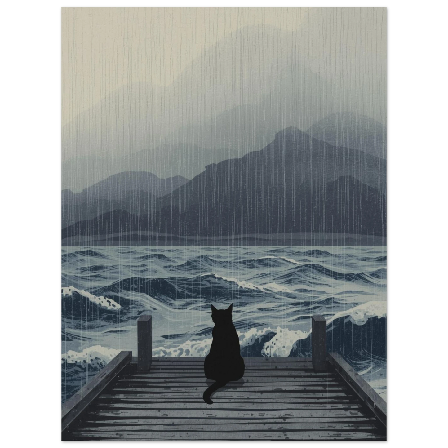 Melankolisk kattposter med regnigt hav och dramatiska bergskonturer