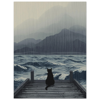 Melankolisk kattposter med regnigt hav och dramatiska bergskonturer