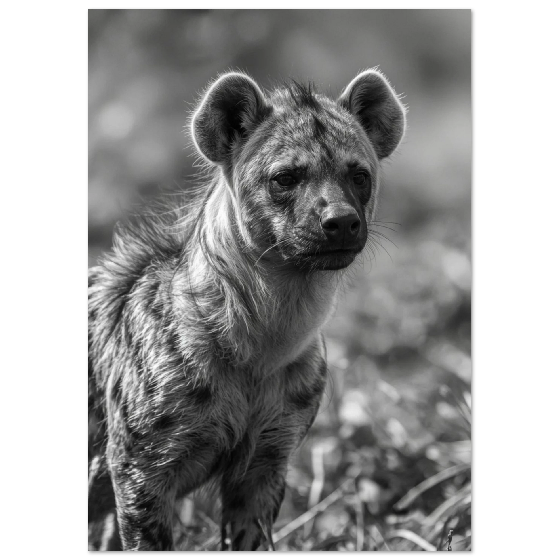 Detaljrik djurposter föreställande en vaksam hyena i gråskala