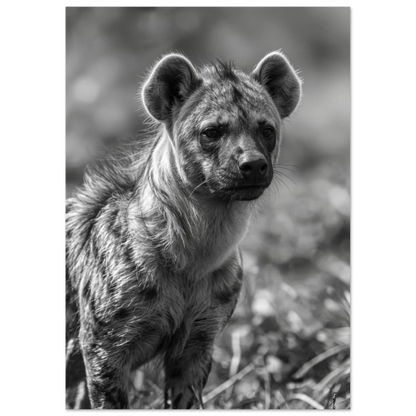 Detaljrik djurposter föreställande en vaksam hyena i gråskala