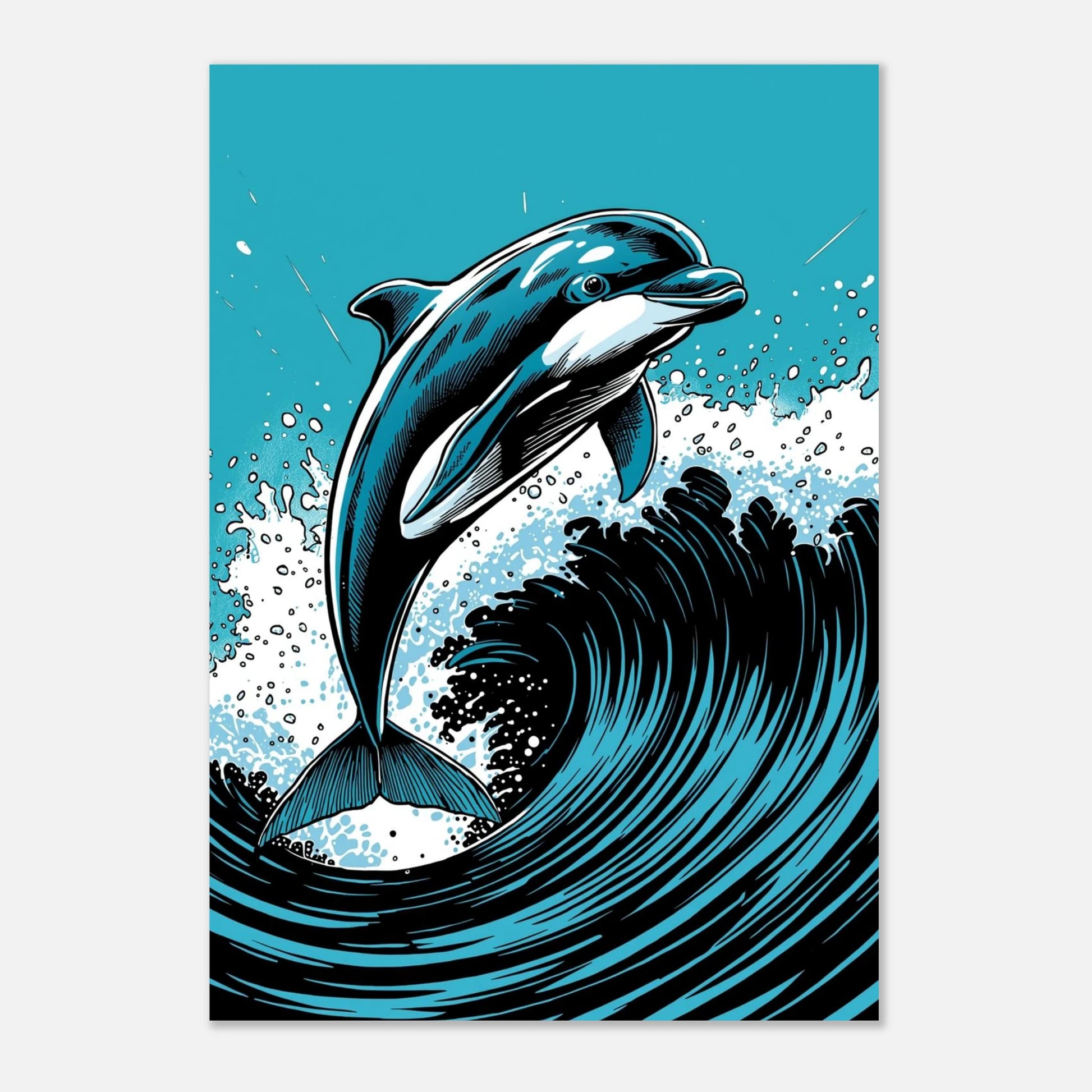 Grafiskt print av en hoppande delfin mot en klarblå himmel