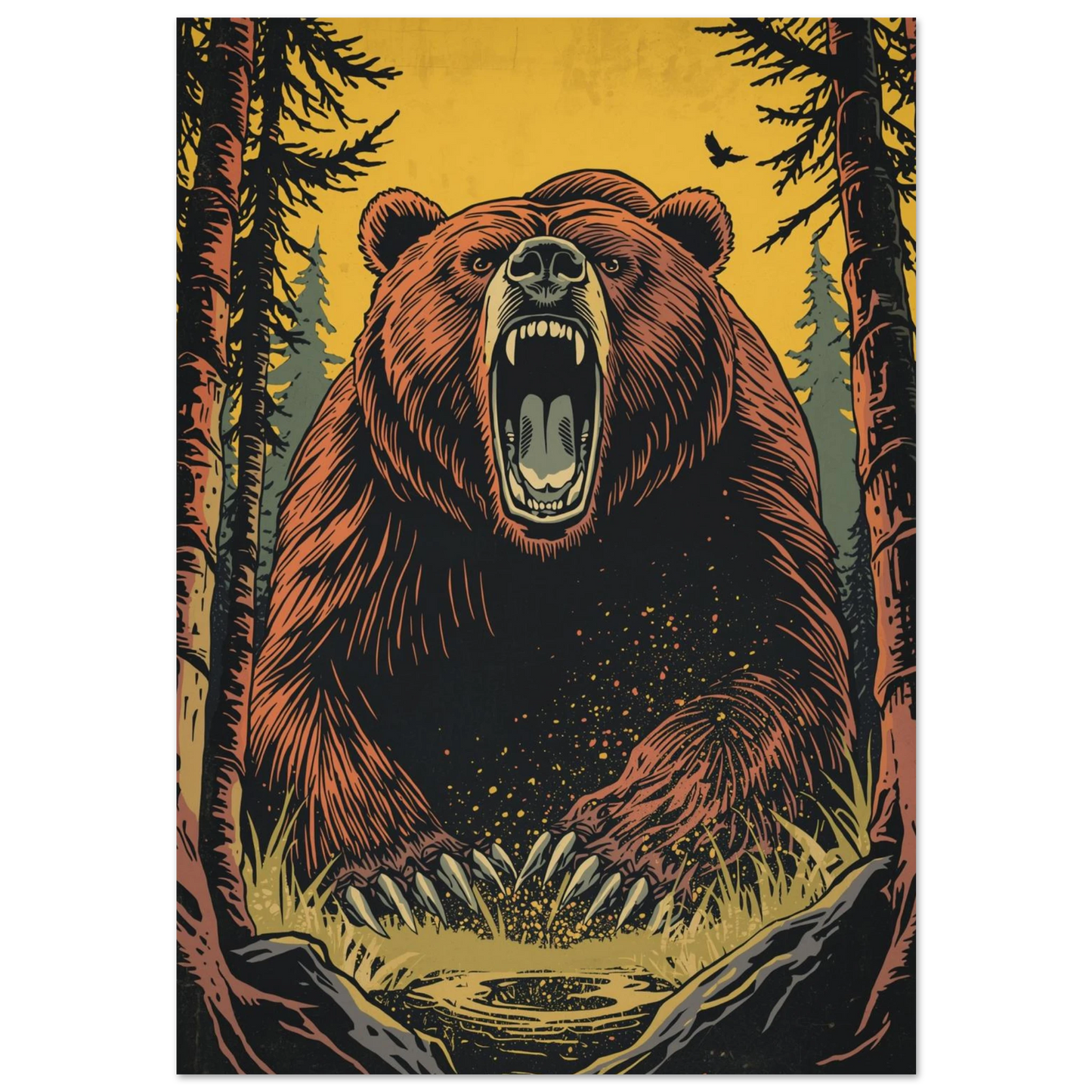 Rytande brunbjörn i tät granskog – grafisk illustration i retrostil