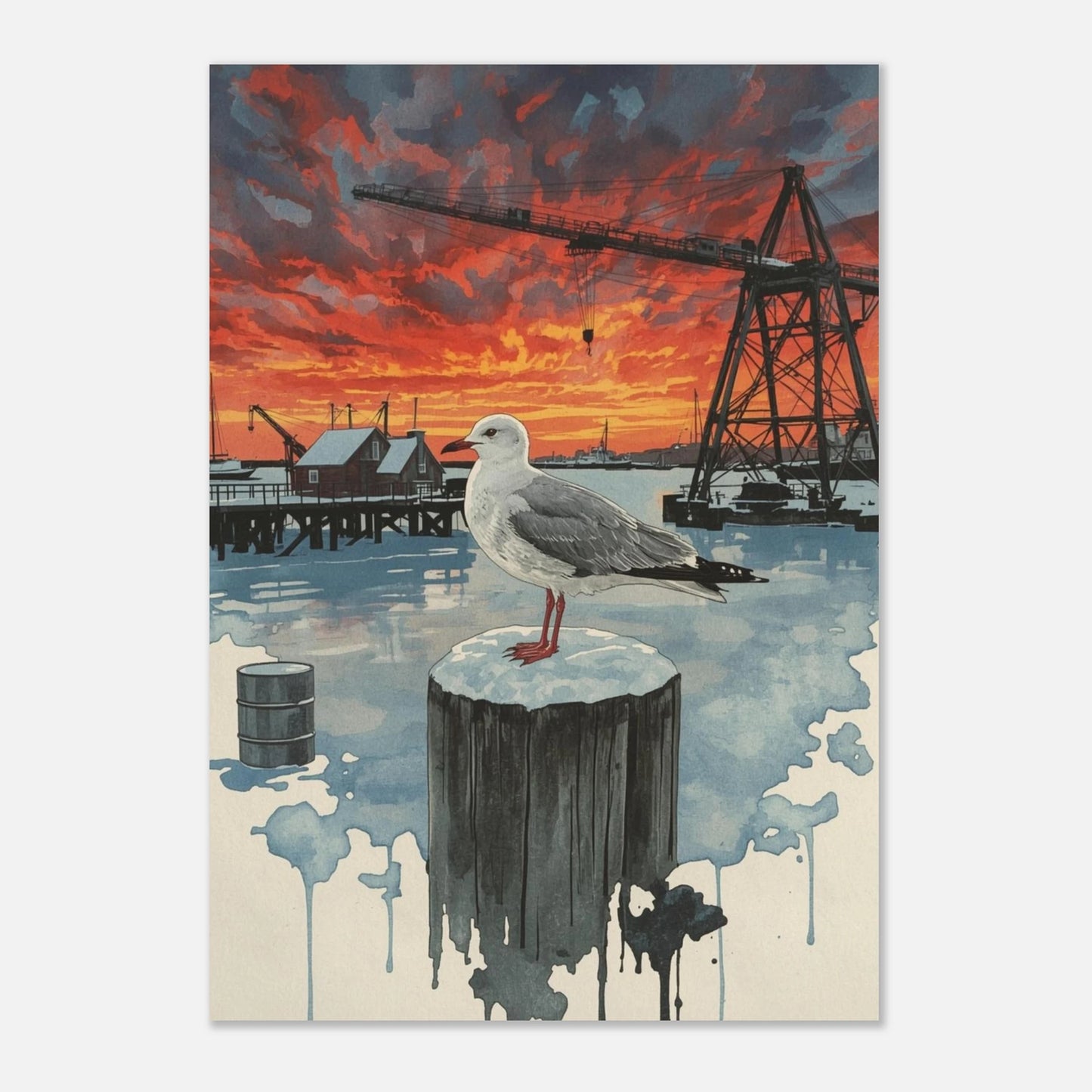 Vintermotiv med en ensam mås och rostiga hamnkranar, konstnärlig poster