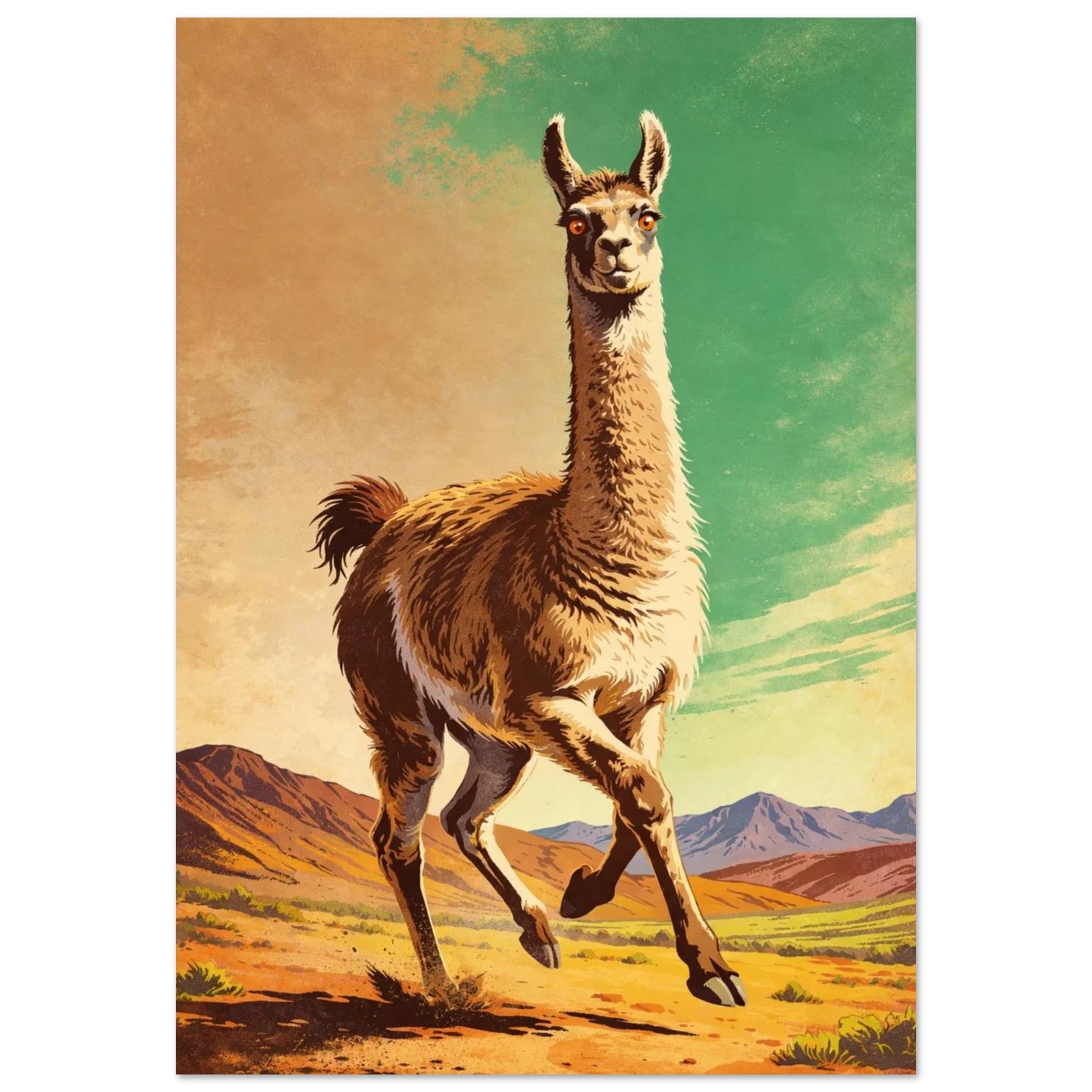 Illustrativ vintage poster med en springande lama i ett öppet bergslandskap