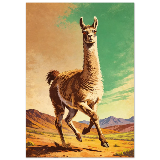Illustrativ vintage poster med en springande lama i ett öppet bergslandskap