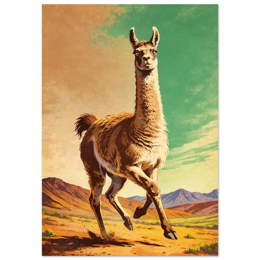 Illustrativ vintage poster med en springande lama i ett öppet bergslandskap