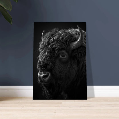 Bisonoxe i svartvitt, närbild, med lugn och kraftfull utstrålning.
