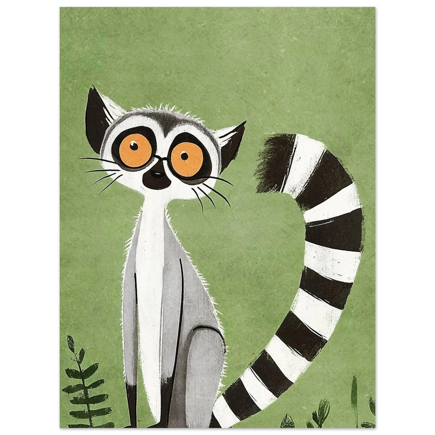 Grafiskt djurmotiv med en lemur som har uttrycksfull blick och lång svans