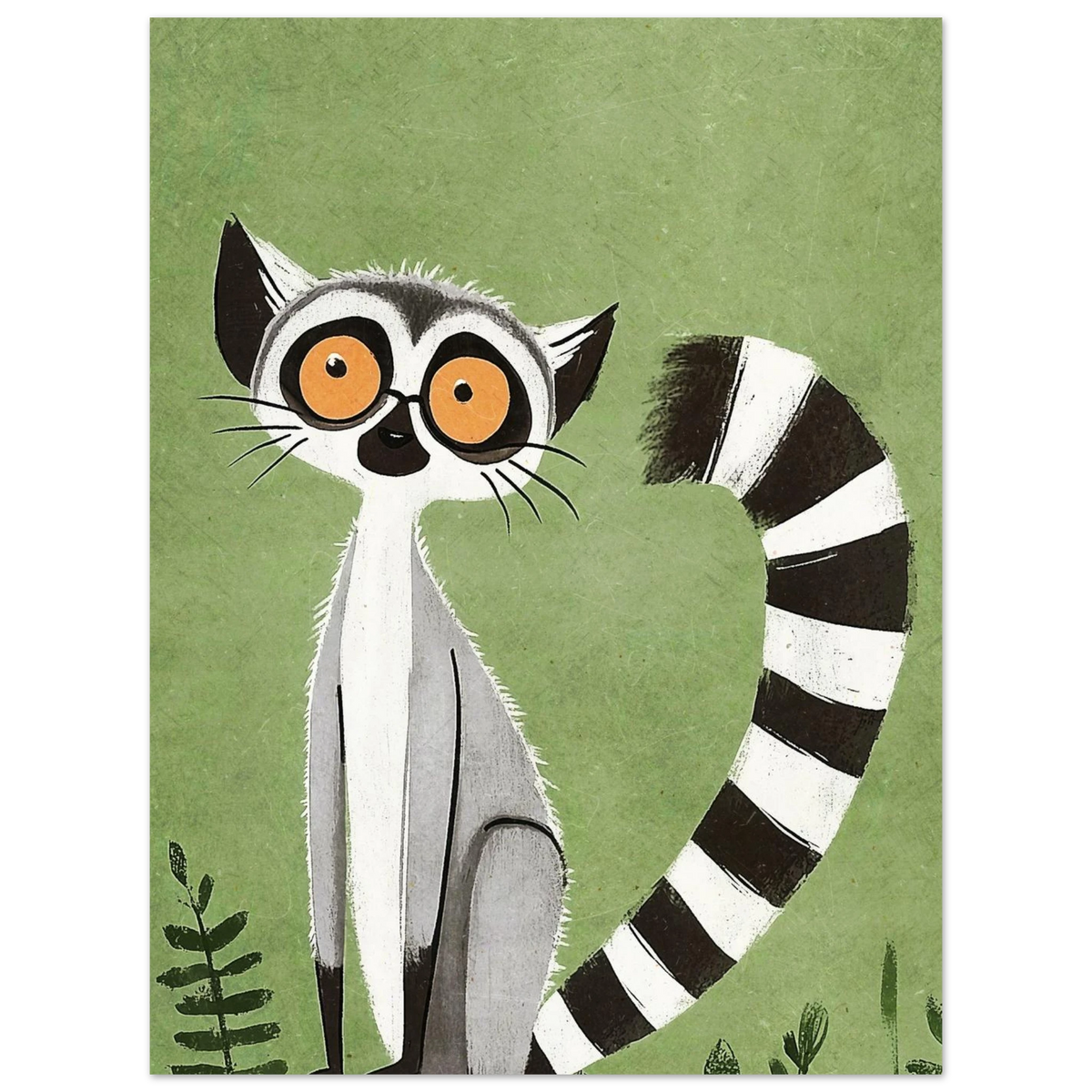 Grafiskt djurmotiv med en lemur som har uttrycksfull blick och lång svans