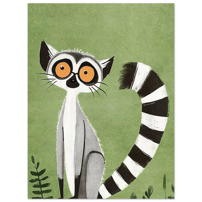 Grafiskt djurmotiv med en lemur som har uttrycksfull blick och lång svans